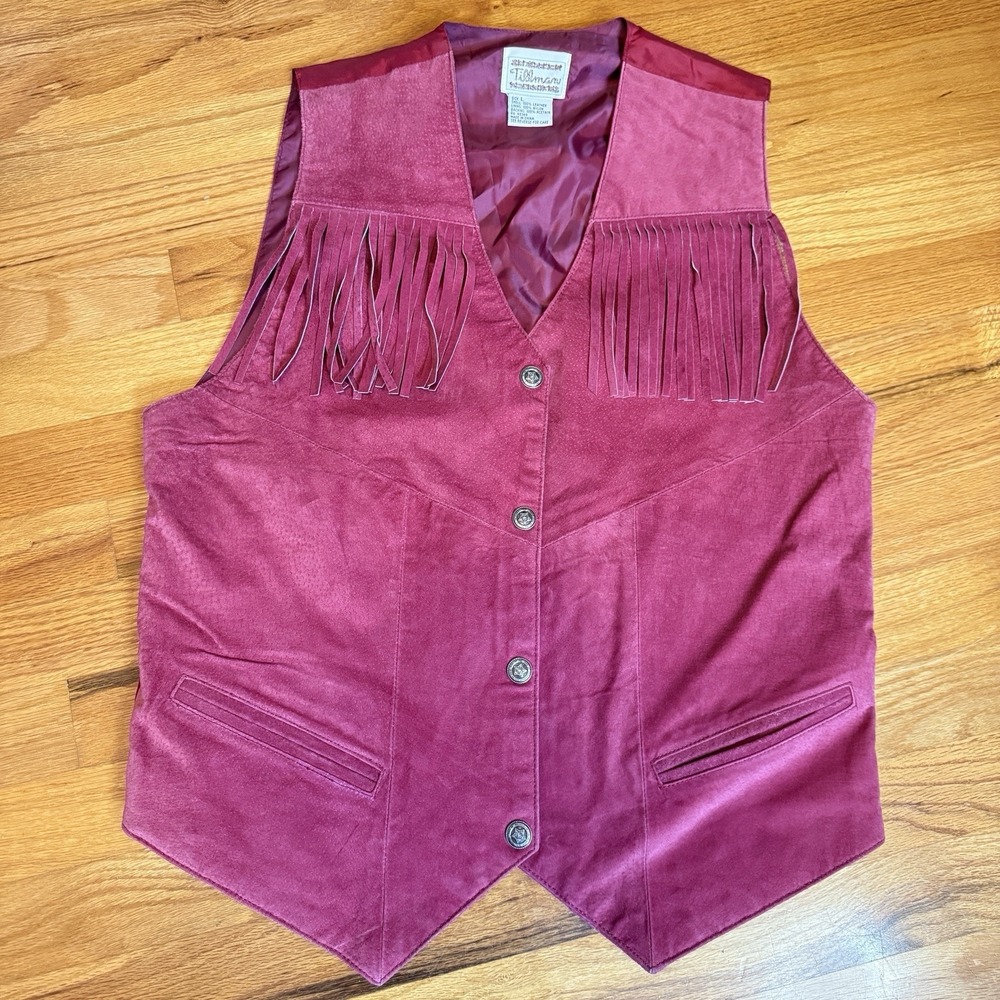 Tillman Suede Leather Western Fringe Vest L Great Seal Buttons Rose Pink WIne